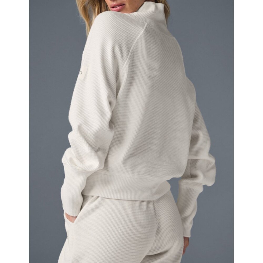 Alo Weekend Escape Mock Neck Long Sleeve Ivory Waffle Thermal Turtleneck Sweater - Picture 2 of 16